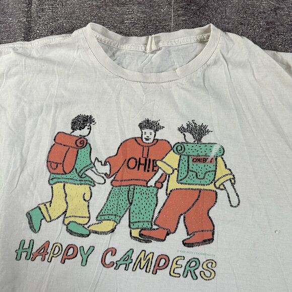Women's Vintage 90's Oh Boy Happy Camper Cropped White Camp T Shirt Tee Sz OSFA - Picture 2 of 4
